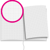 Notizbuch DIN A4 hoch, Umschlag: Hardcover 4/0-farbig, Inhalt: 256 gepunktete Inhaltsseiten inkl. Abrissperforation (1 cm vom Bund)
